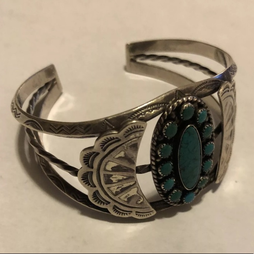 Vintage silver turquoise concho cuff bracelet - Picture 3 of 8